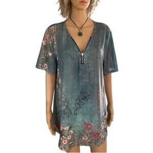 Women’s Art To Wear Ocean Green Floral V-Neck Short Sleeve Tunic Top Size XL